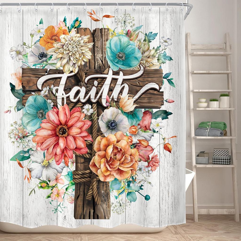 Floral Christian Shower Curtain For Bathroom Decor Flower Bible Verse Quotes Rustic Farmhouse Cross Scripture Retro Wooden Peony