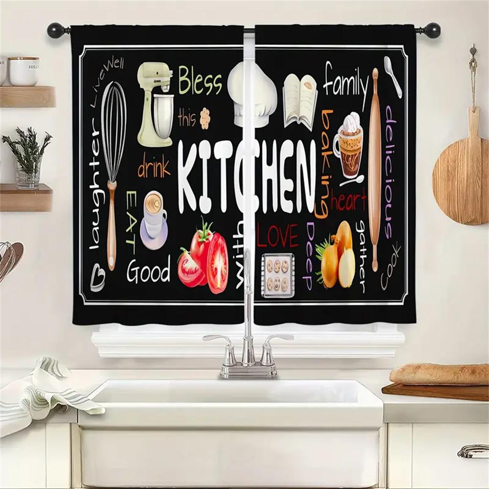 2pcs Farmhouse Kitchen Curtains Rustic Country Short Fork Spoon Knife Savor Vintage Window Treatment For Bedroom Living Room