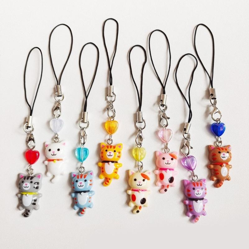 Cute Cat Pendant Phone Chain Strap Heart Charm Keychain Phone Lanyard Resin Keyring Bag Backpack Ornament Party Jewelry