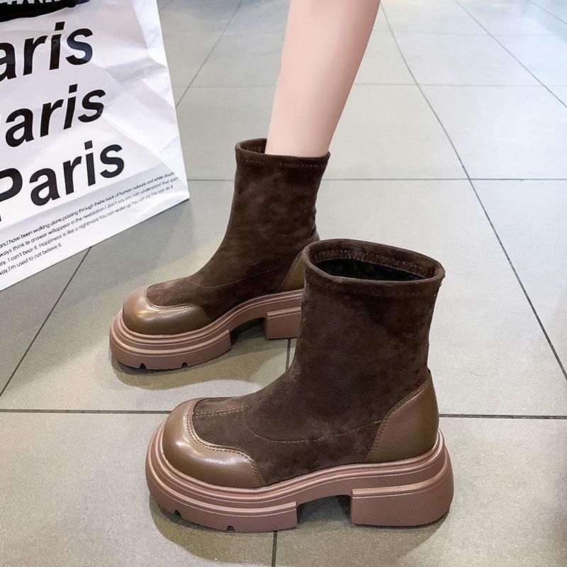 Platform Short Boots Women's New Autumn and Winter Elastic Thin Boots Retro British Martin Boots Chelsea Single Shoes