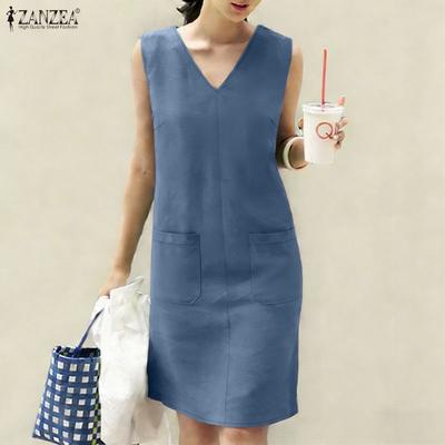 Damen Casual V-Ausschnitt Sommer Ärmelloses Kleid