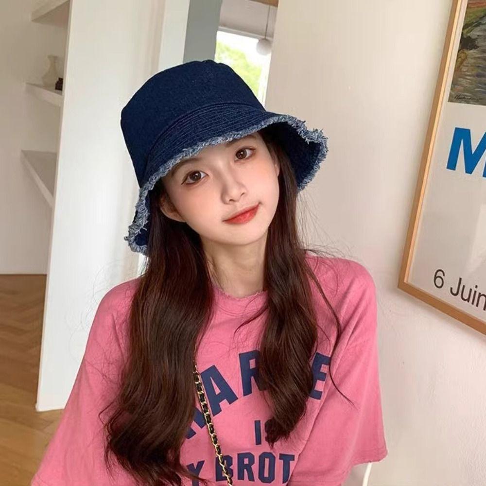 Sun Protection Washed Denim Bucket Hat Tassel Summer Sun Hat Foldable Denim Fisherman Hat Climbing