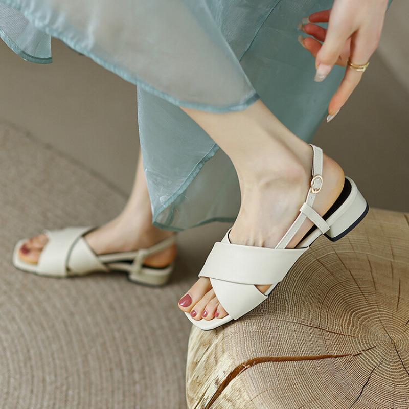 New summer casual sandals women's medium heel large size shoes soft sole square head one pedal comfortable square heel wide strip sandals women