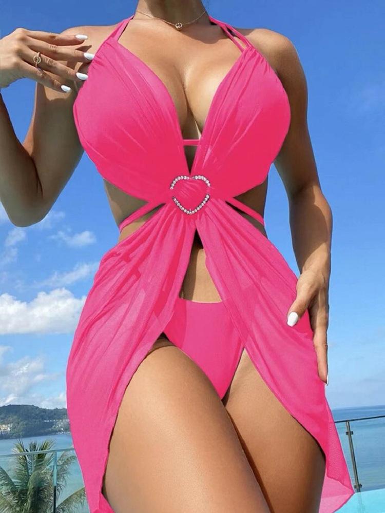 

European And American Solid Color Hollow Neck Bikini Three-Piece Swimsuit Women S Bikini Swimsuit S розы красного