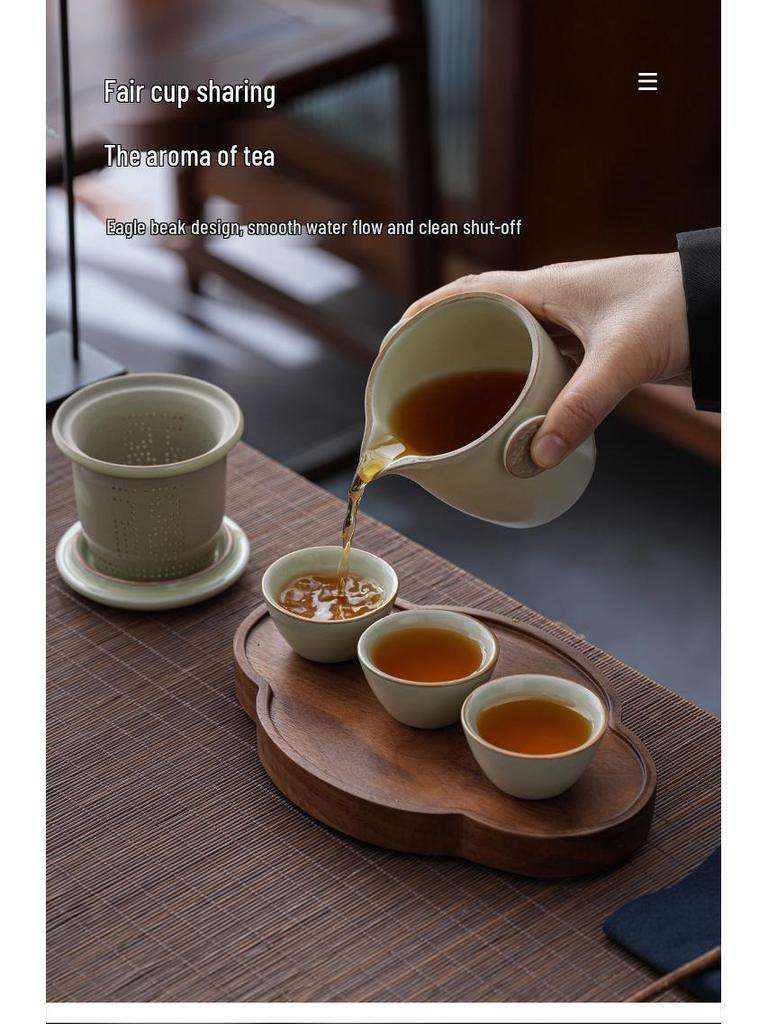 Compact Ru Kiln Travel Tea Set: Portable Quick-Brew Teapot & Teacups for One