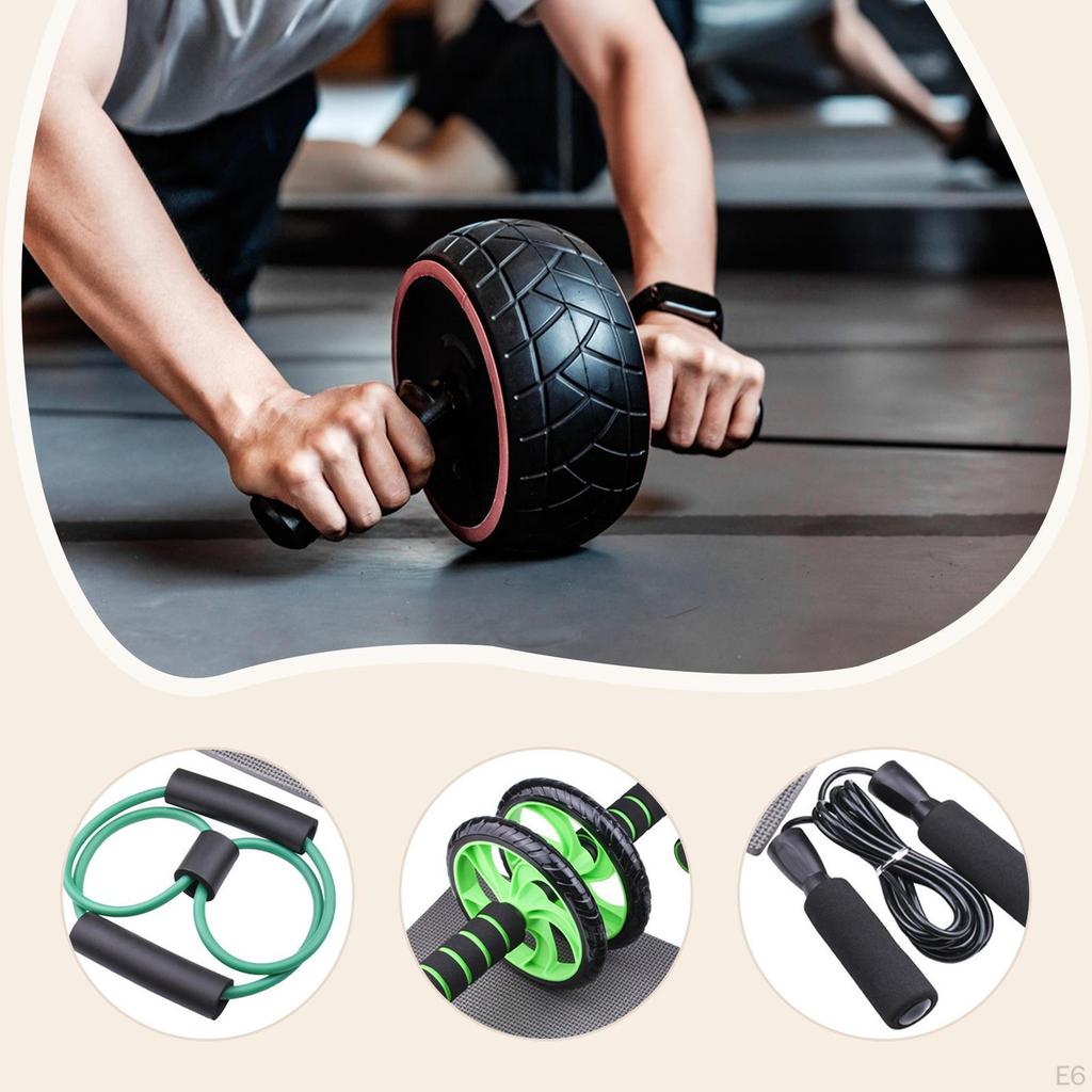 7 Piece Ab Workout Roller Wheel Kit Jump Rope Knee Pad Accessories Anti Slip Grip for Men and Women