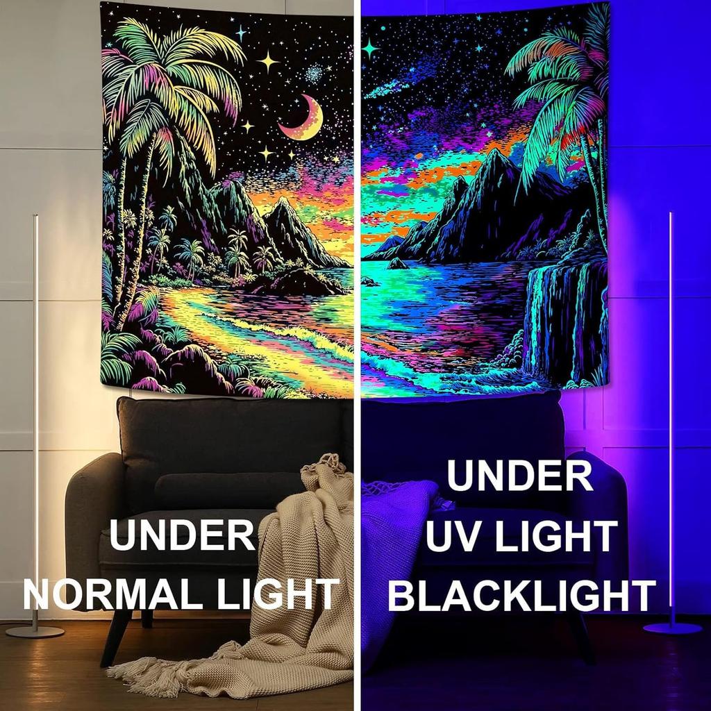 Lifeella Blacklight Landscape Tapestry, Glow in the dark UV Reactive Beach Lake Wall Decor, Aesthetic Palm Tree Art for Bedroom Living Room, 36x48