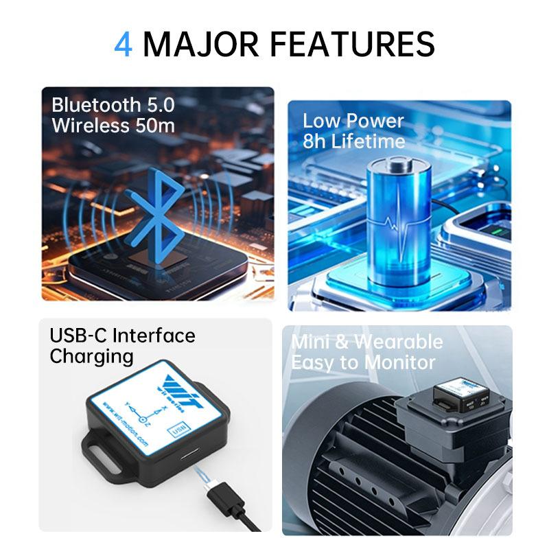WTVB01-BT50 Bluetooth 50m Wireless Multi-connected Vibration Sensor, 3-axis Vibration Displacement + Speed + Amplitude+Angle