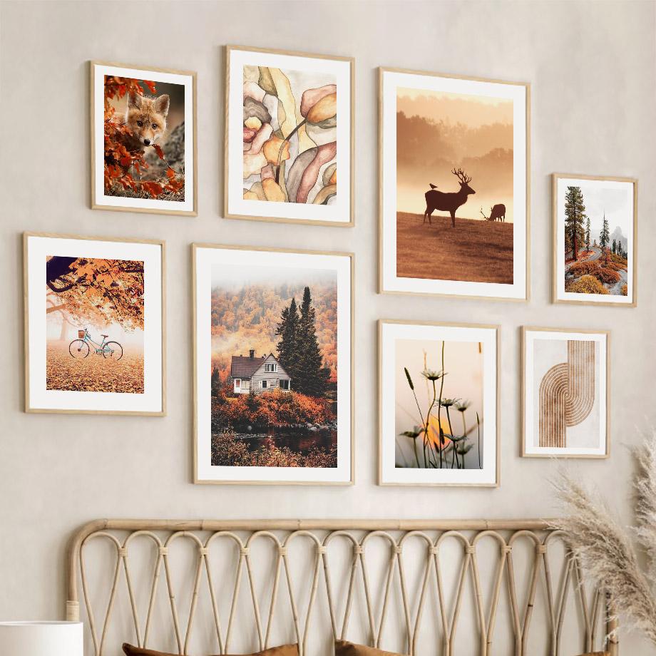 Deer Fox Cabin Flowers Leaves Autumn Landscape Posters Prints Canvas Painting Nordic Wall Art Pictures For Living Room Decor