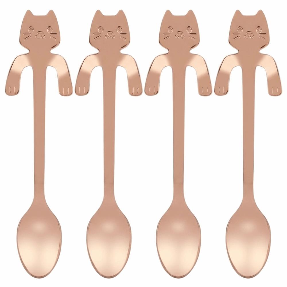 4Pcs Cute Rustless Steel Mini Spoon Polished Ergonomic Handle Table Spoon Smooth Cat Shaped Coffee Spoon Daily Use