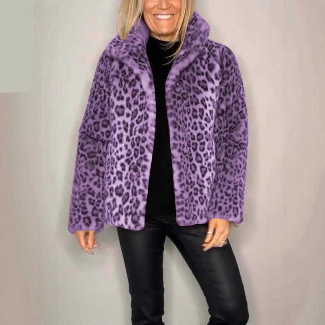 

2025 Women s Faux Fur Coat With Leopard Print Collar - Winter Wool Blend Jacket, Fashion Animal Print Notch Lapel Cruelty-Free Statement Outerwear XL