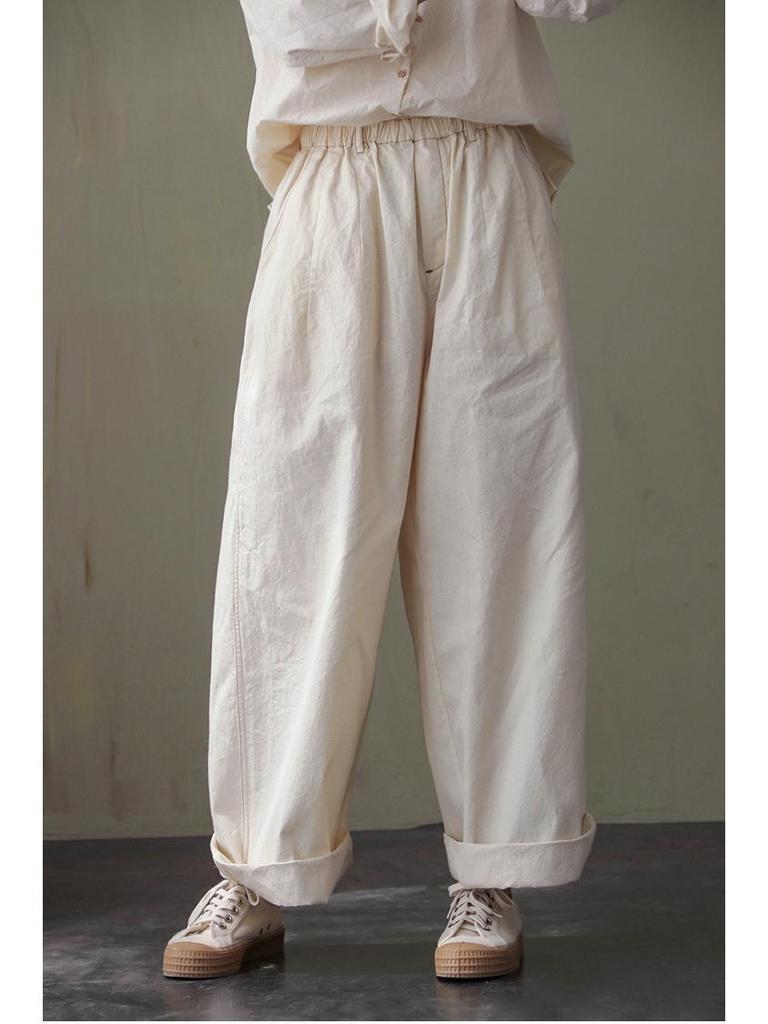 Women's Three-Season Retro Elastic Waist Wide-Leg Pants - Simple and Stylish In Raw Embryo Color
