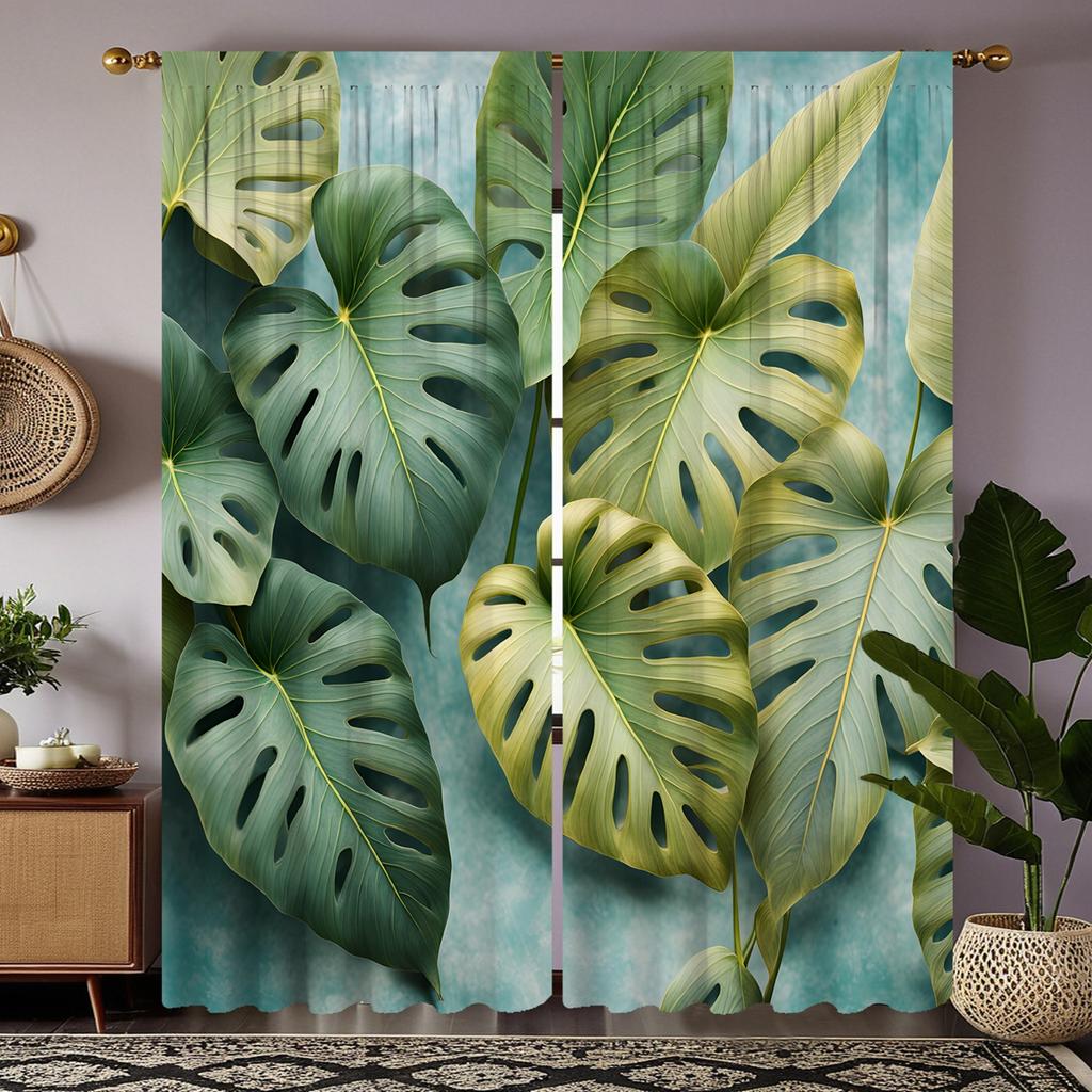 2pcs Set HD Southeast Asia Banana Leaf Decorative Curtain Green Tie Digital Printed Curtain Home Decoration Style Decorated L