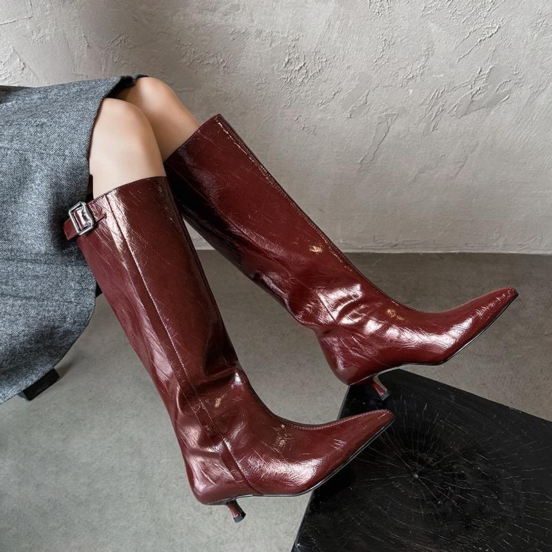 Fashion 2025 Autumn Women Boots Split Leather Women Shoes Pointed Toe Chunky Heel Slip-on Knee High Boots Western Modern Ladies boots