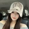 American retro letter baseball cap for women, fashionable distressed versatile wide-brimmed cap for large head sizes, makes the face look smaller,