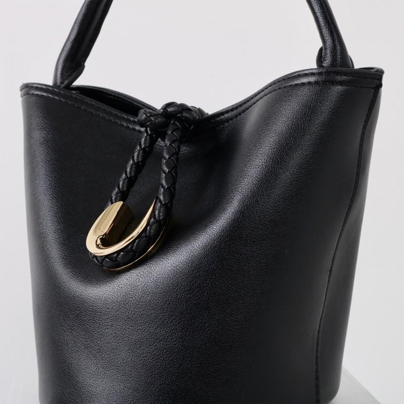 Womens Vintage Woven Leather Bucket Bag With U-Shape Hook Crossbody Tote In Caramel Latte Pink Sage Coffee Black Ice Blue