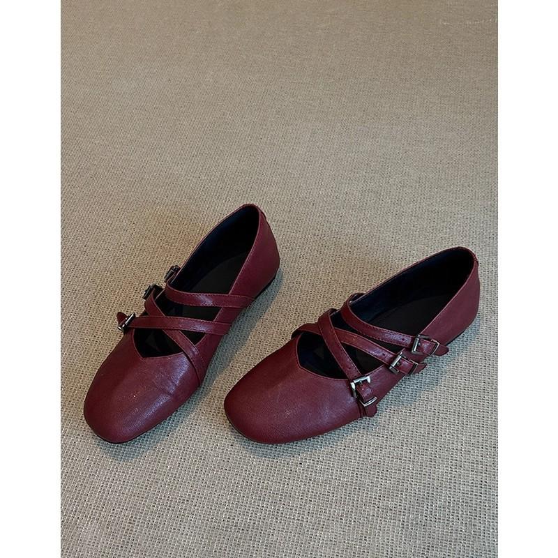 Cowhide version~ French cross belt flat Mary Jane shoes women's new versatile retro round head soft sole commuter shoes