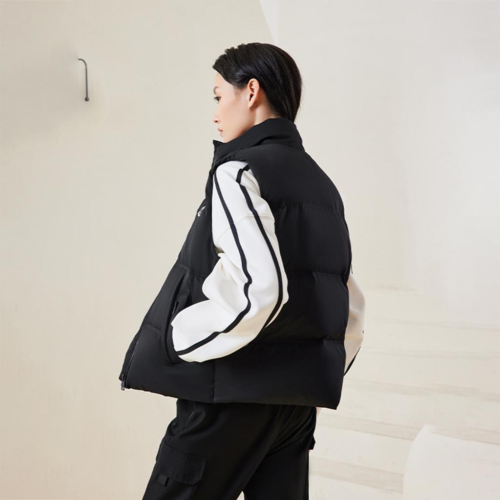 Li Ning Sports Trend Series Solid Color Loose Stand Collar Zipper Winter Versatile Casual Cold Resistant Down Vest Women vest Black AMRU124-2