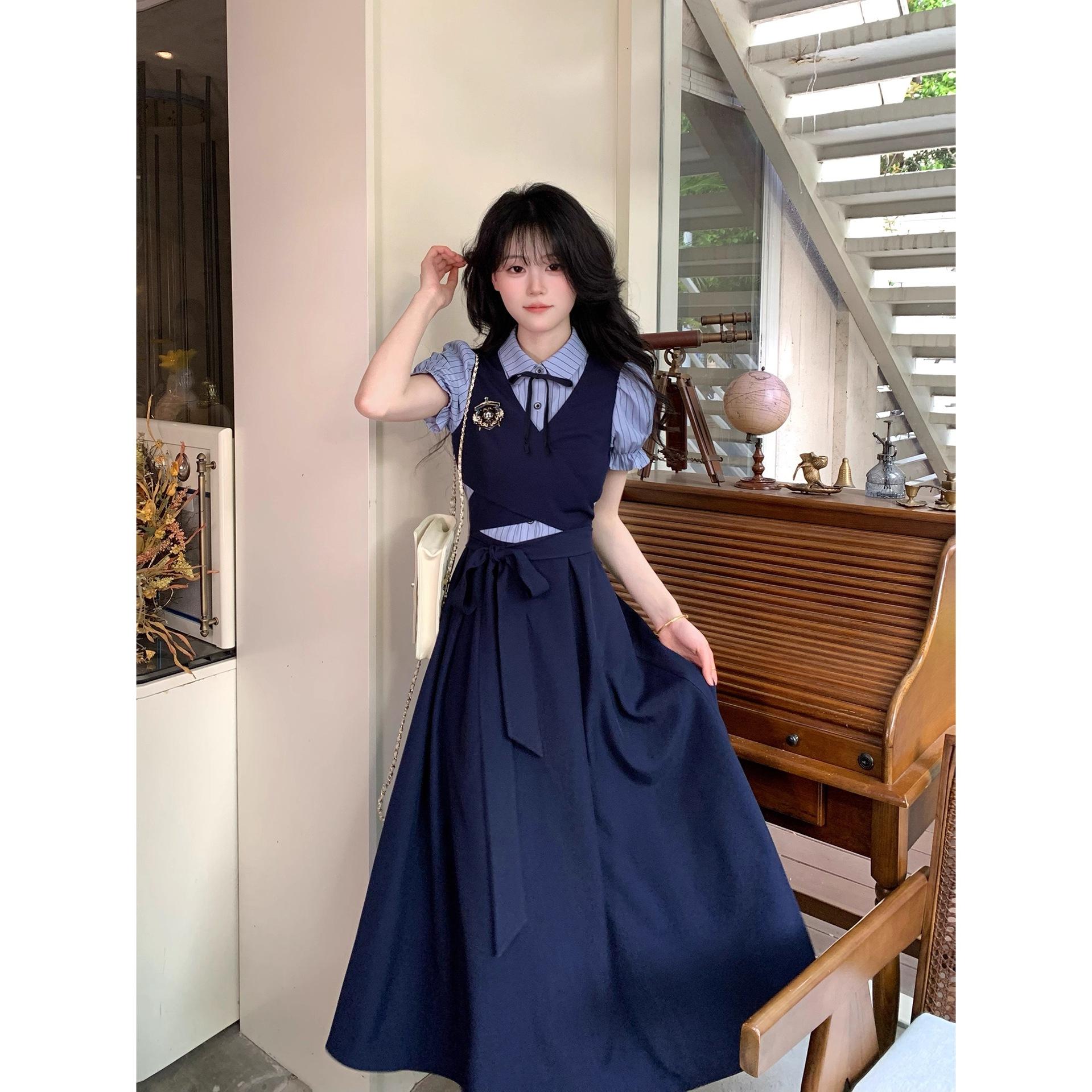 Korean sweet premium bow strap fake two-piece dress early spring youth vitality girl new style skirt S