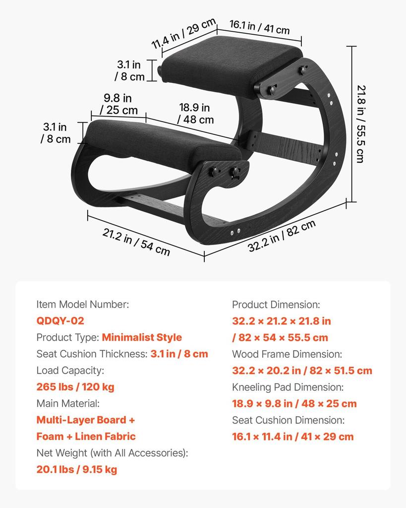 Ergonomic Kneeling Chair, Wooden Posture Knee Chair with Adjustable Thick Foam Cushions & Solid Wood Frame, Adjustable Height, Relief for Neck or Back
