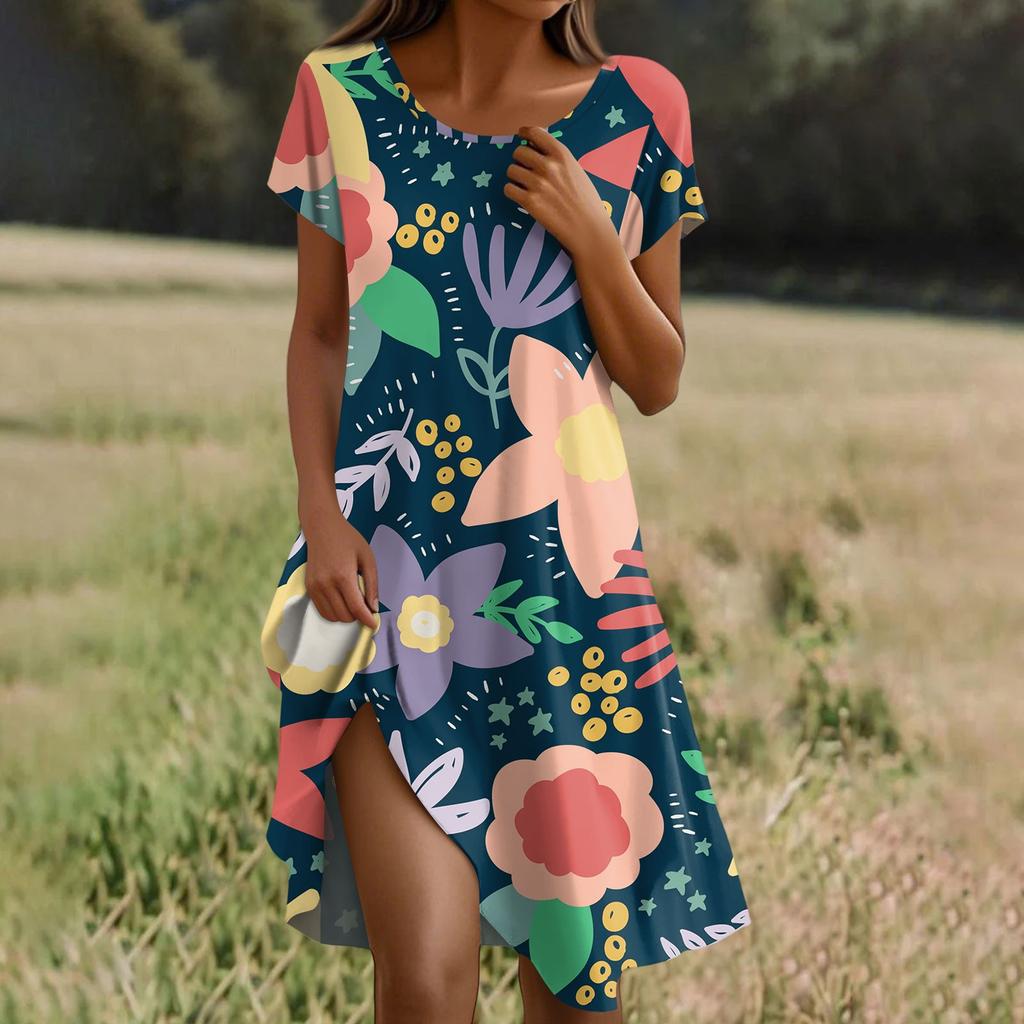 Kurzärmeliges Boho-Kleid für Damen, lässig, lockere Passform, Sommerkleid mit Blumendruck und Taschen