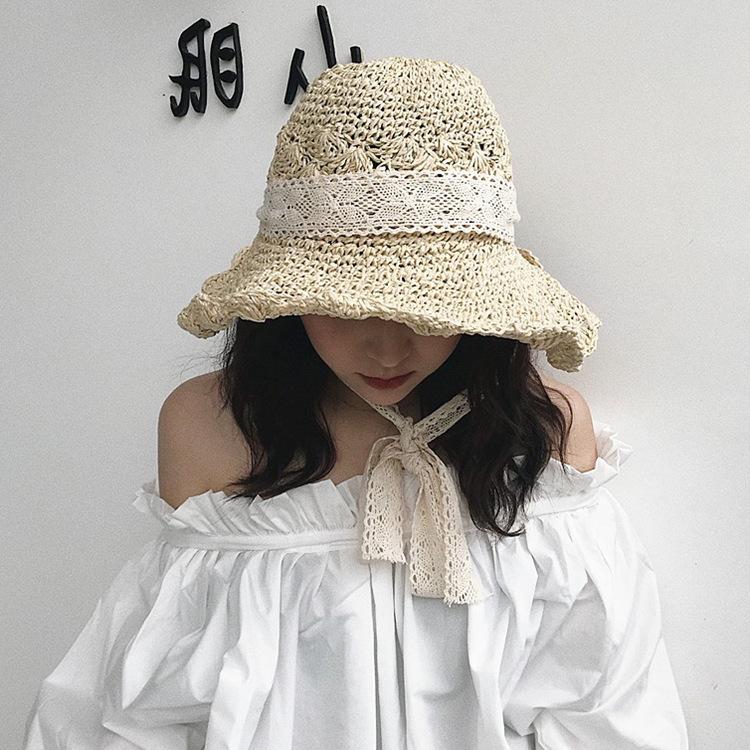 Chapeau de paille coréen doux et mignon en dentelle petit frais loli été vacances au bord de la mer grand bord chapeau de soleil femmes