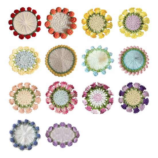 Crochet Rose Bouquet Coaster Heat-resistant DIY Handmade Knitting Flower Coffee Mug Cup Mat Kitchen Countertop Table Desk Decoration