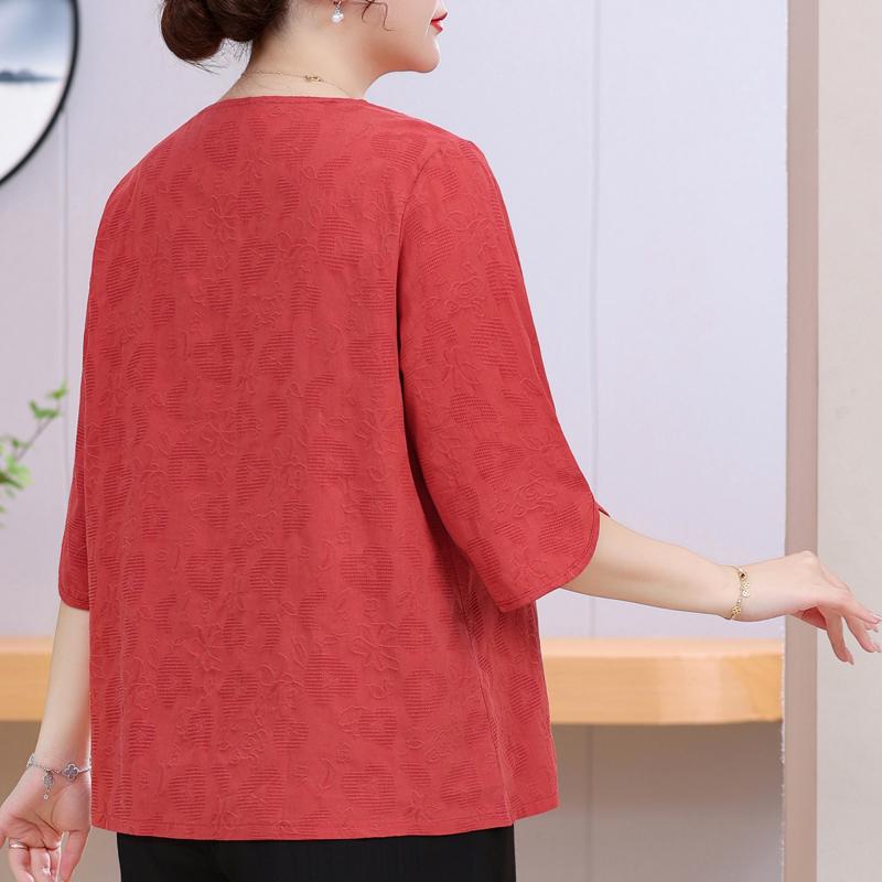 Women's Plus Size Chinese Embroidery Top – 3/4 Sleeve Round Neck Textured Blouse (Sizes 3XL-8XL) for Middle-Aged Ladies