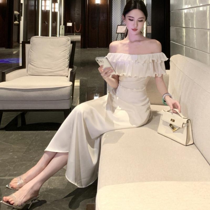 Sexy Satin Tube Top Suspender Dress Temperament Slim Split Ends Hip Wrap High-end Evening Dress Long Dress Women