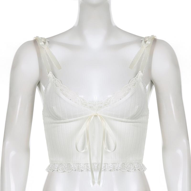 Women Simple Lace Flower Pit Strip Drawstring V-neck Suspender Vest Short Top