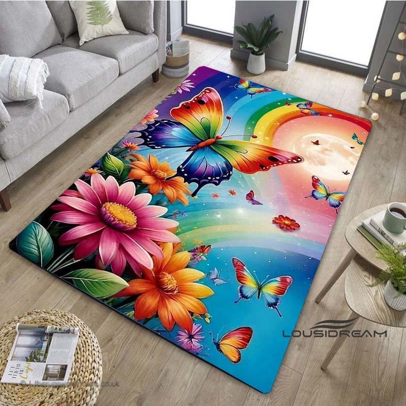Customizable3D Luxury Dream Butterfly Flower Non-Slip Carpet for Home Living Room Bedroom Sofa Washable Kid Play Area Rug Decor