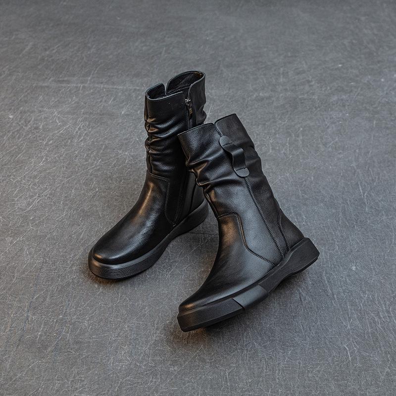 Stylish Women's Genuine Leather Mid-Calf Martin Boots - Versatile, Warm & Thick Soled for Autumn/Winter