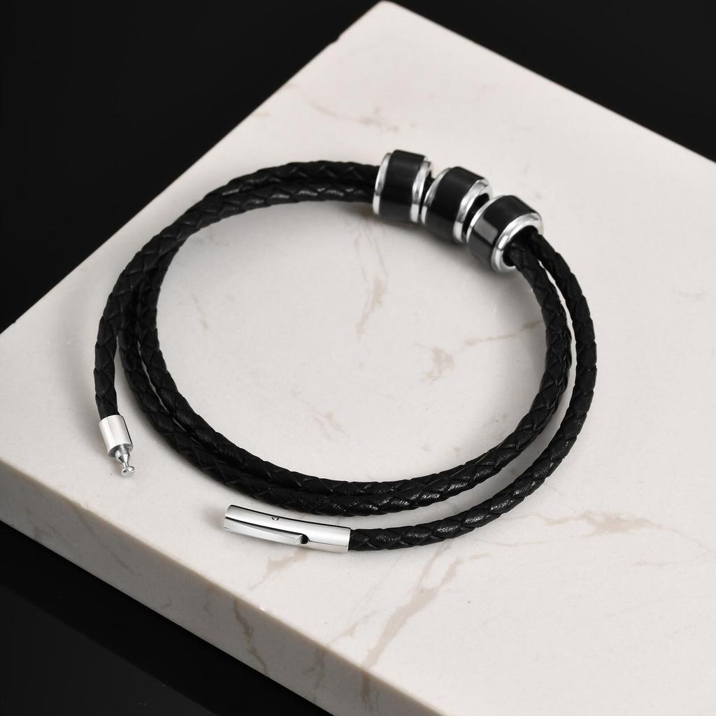 Customized Baeded Bracelets for Men Boys,3-Layers Leather Bracelet with Stainless Steel Tube,Jeweley Gift for Dad Husband