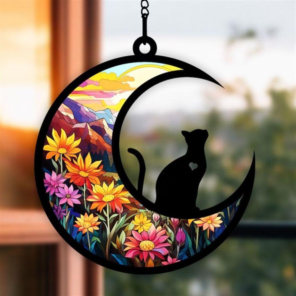 Acrylic Moon Shaped Cat Door Wreaths Home Decor Hanging Cats Garland Halloween Ornament  Halloween