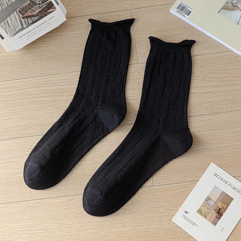 Women's Thin Solid Color Lace Mesh Hollow Breathable Curled Simple Boneless Tube Cotton Socks