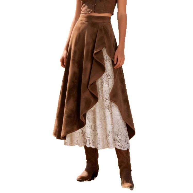 Women’s Unique Street-style Denim Skirt with A Retro Western Vibe Featuring Suede and Lace Panels