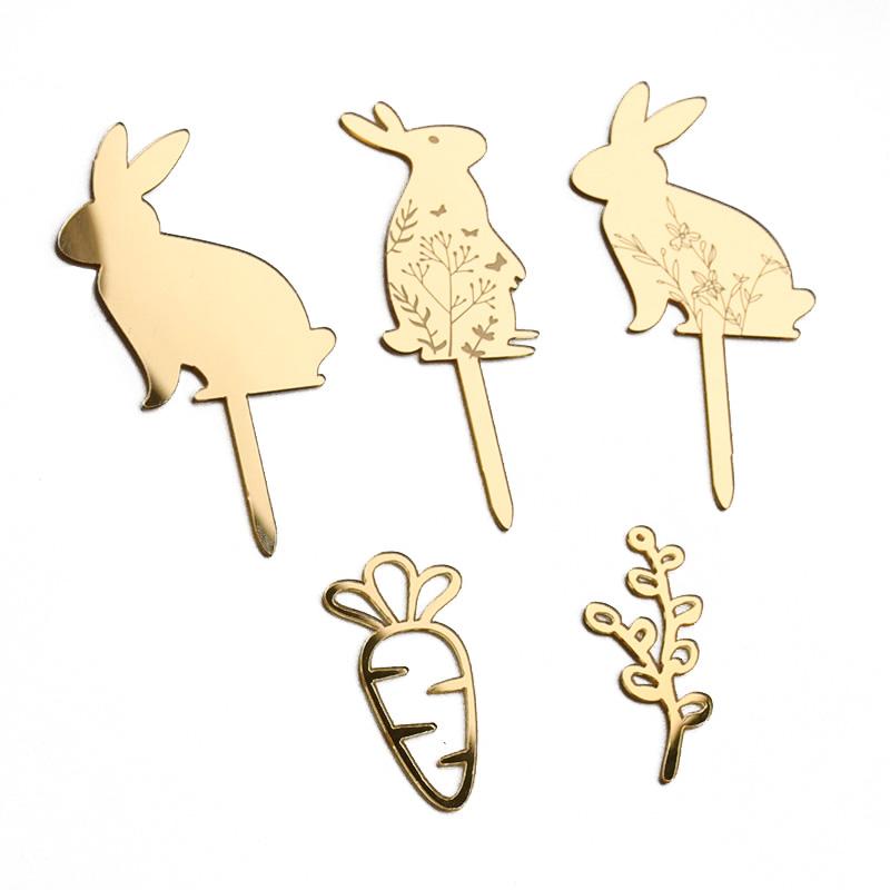 3/5pcs Easter Party Cake Decoration Gold Acrylic Rabbit Carrot Cupcake Toppers Happy Easter Dessert DIY Decor Kids Birthday Gift