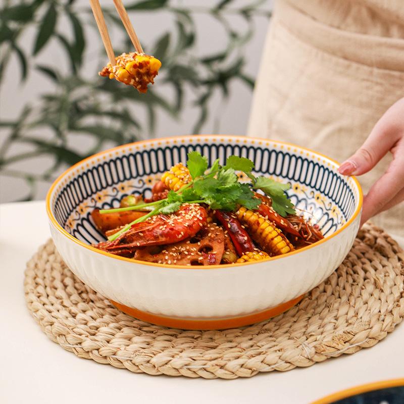 Nordic Retro Ceramic Large Soup Bowl, Creative Home 9-Inch Large Vegetable Noodle Bowl Boiled Fish Bowl Large Capacity Soup Basin