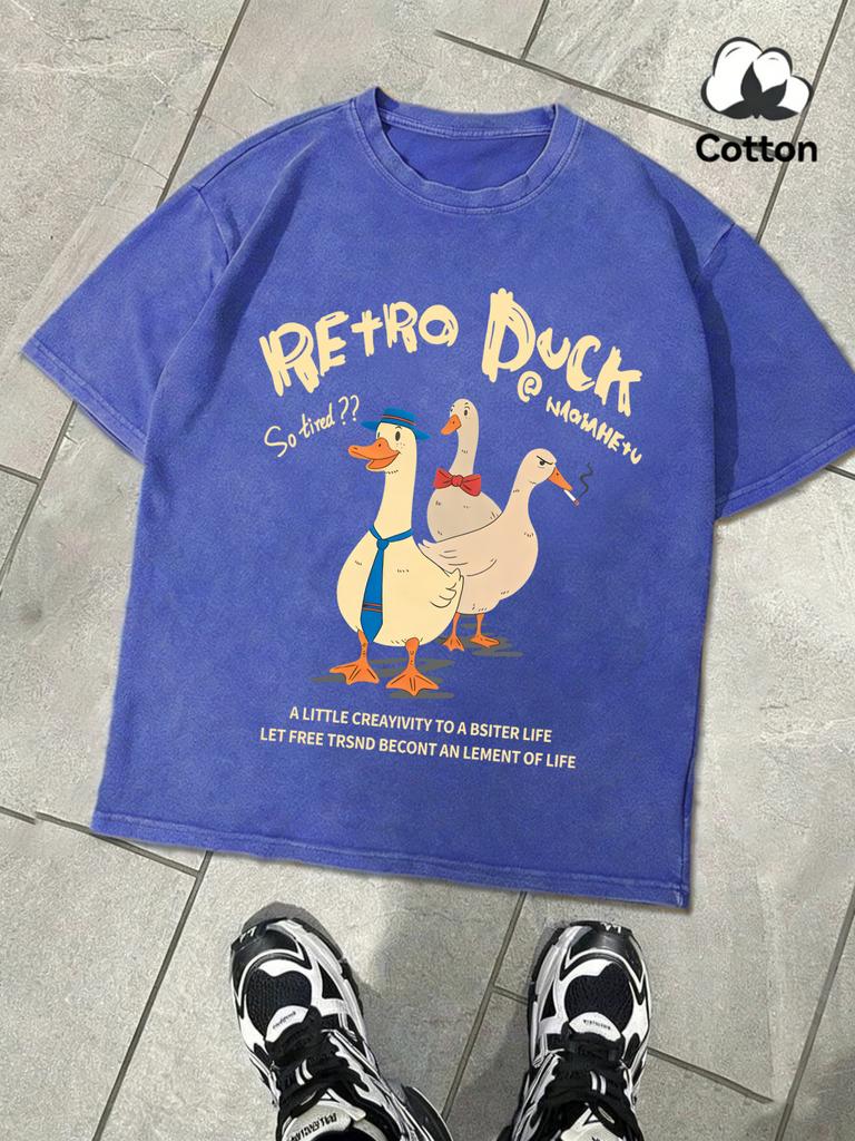 Retro Duck DoesnT Feel Tired Retro Men TShirt Wash Casual Cotton Tee Fashion Loose Short Sleeve Unisex Street Clothing