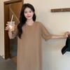 Vestito casual a maniche corte taglie forti da donna, estivo, largo, tinta unita, di media lunghezza, con spacco al ginocchio