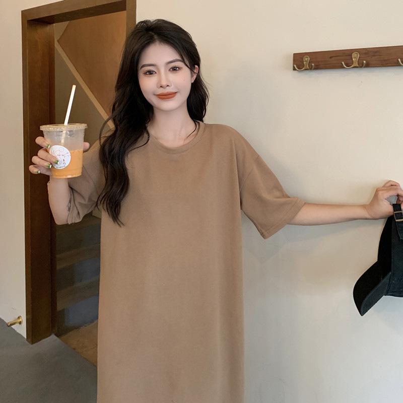 Vestito casual a maniche corte taglie forti da donna, estivo, largo, tinta unita, di media lunghezza, con spacco al ginocchio