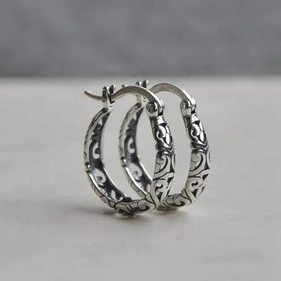 Exquisite Silvery Plated Hand Carved Pattern Circle Hoop Earrings Women's Vintage  Perfect Festival Holiday Jewelry Gifts