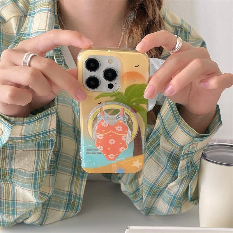Summer Beach Coconut Tree Magnetic Phone Case For iPhone 16 Pro 15 13 14 Pro Max Cover with Stand Holder Cute Cases for Magsafe