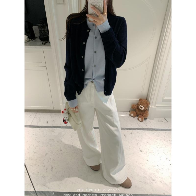 Single-row Button Contrasting Color Fake Two-piece Knitted Cardigan Women's Spring and Autumn New Retro Sweater Jacket Top