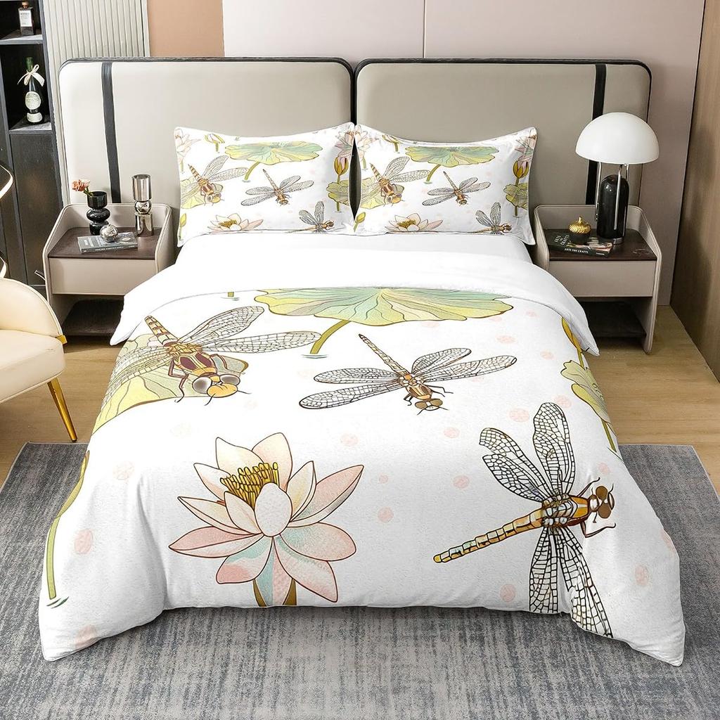 Dragonfly and Lotus Duvet Covers for Kids Teens Lightweight Quilt Covers Blossom Flowers Pond Natural Scenery Animal Bedding Set