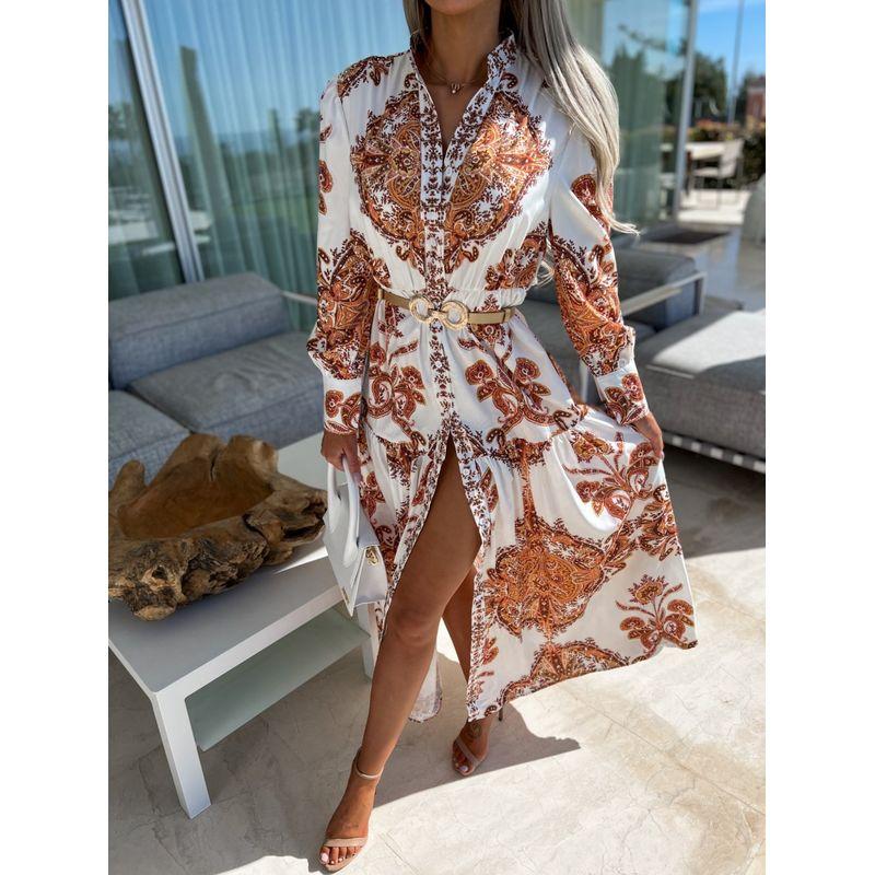 

Pleated Bohemian Floral V-neck Dress Apricot color M