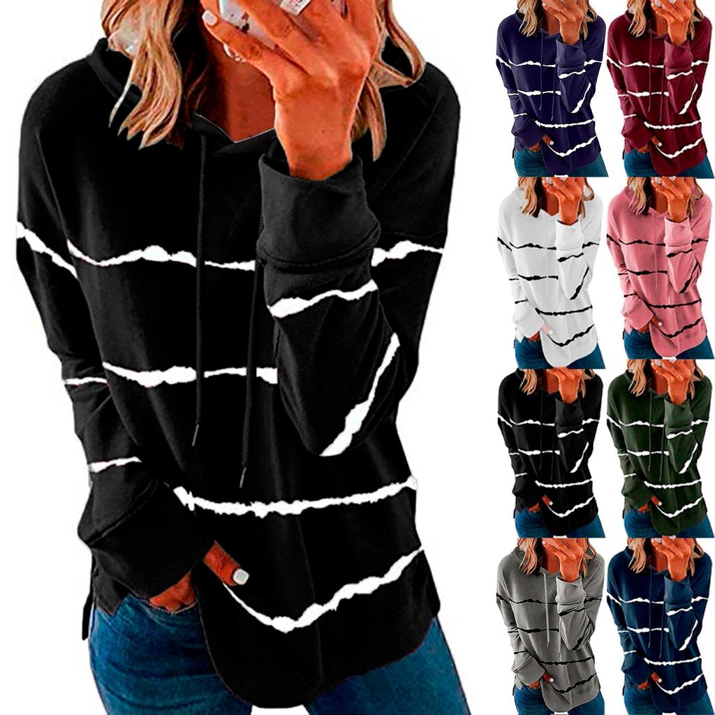 Women's Fashion Casual Stripe Print Hooded Long Sleeve Loose T Shirt Tops