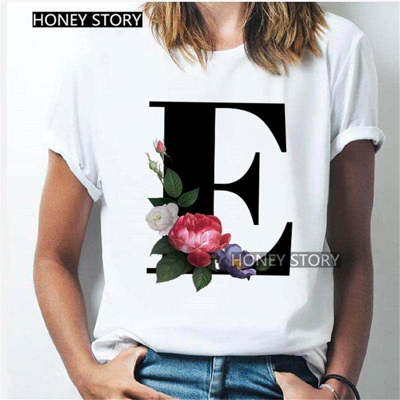 Kawaii English Alphabet Flowers Graphics Female T-Shirt 90S Summer Loose Short Sleeve Round Neck Female Tops Clothing