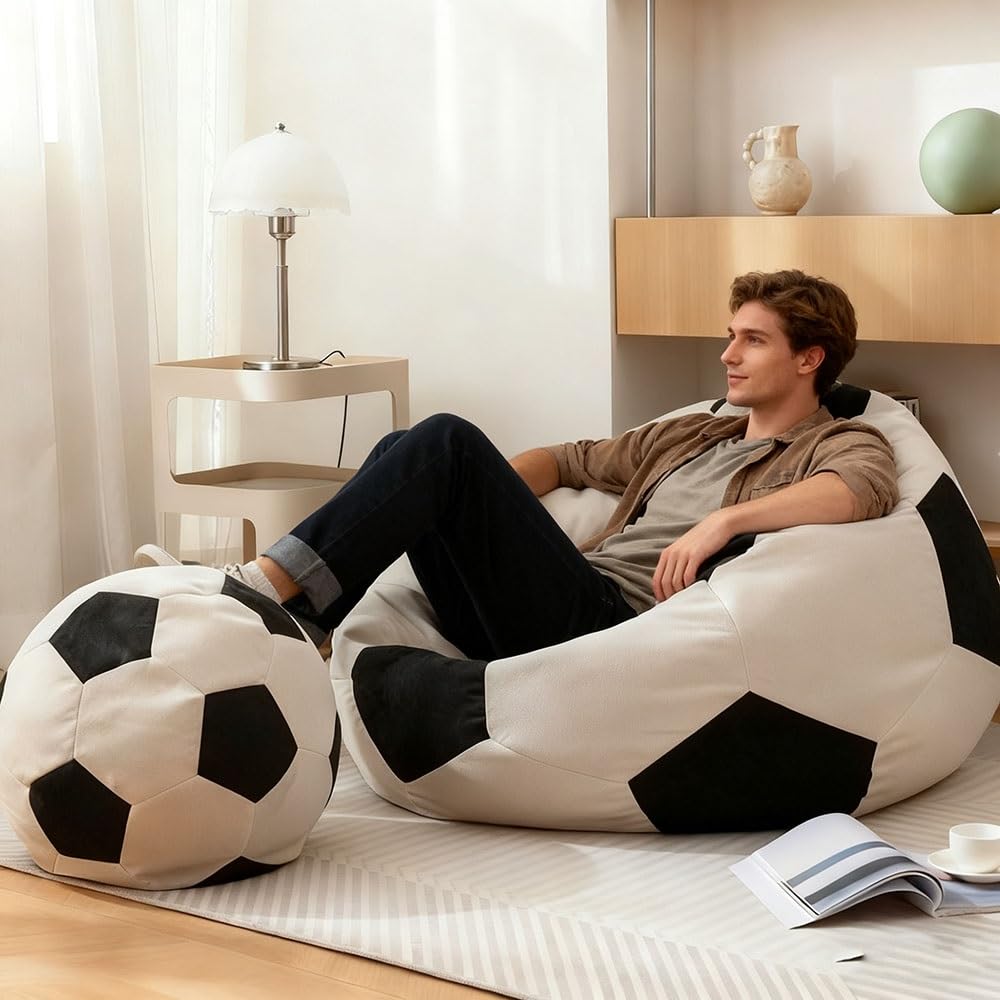 Football shape chenille comfortable lazy sofa cover need EPP filling multi use cushion black and white 80cm