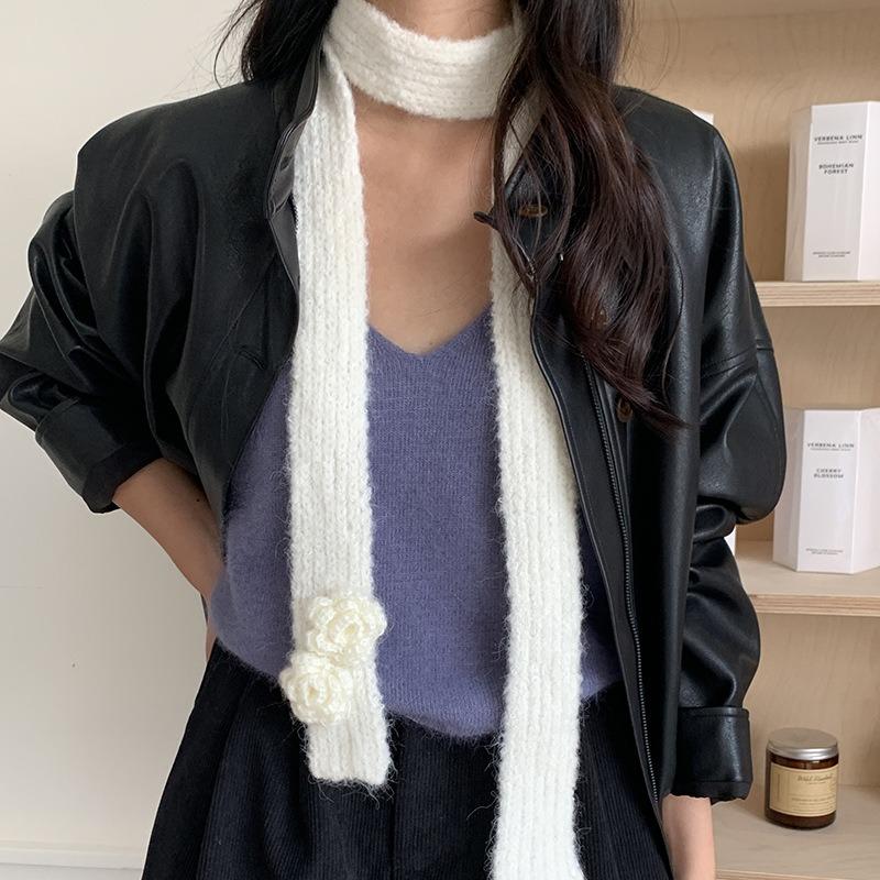 Long scarf women's winter versatile decorative small scarf hand crochet rose knitted scarf